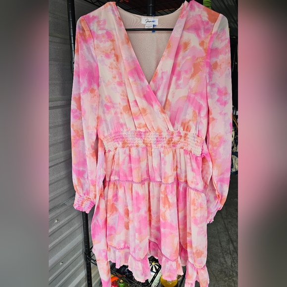 Japna Pink Tie Dye Watercolor Long Sleeve Boho Ruffle Babydoll Dress - Picture 3 of 6